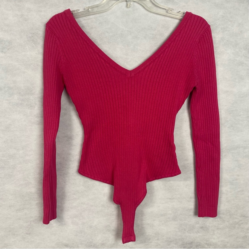 Better Be Pink Ribbed V Neck Long Sleeve Bodysuit Size Large Snap Closure